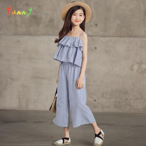 Teenager Girls Clothing Sets Blue Striped Cotton Ruffle Backless Tops + Wide Leg Pants Two Piece Set Causal Girls Summer Clothes