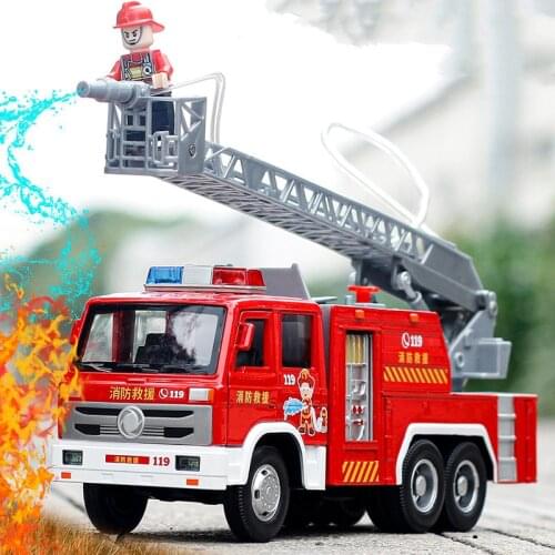Ladder fire truck toy,1:32 alloy pull back fire and rescue water sprayer model,high simulation can spray water toys,wholesale