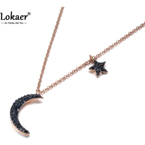 Lokaer Fashion Jewelry Star & Moon Pendant Black Rhinestones Rose Gold Color Pendant Necklace Chirstmas Gift N18238