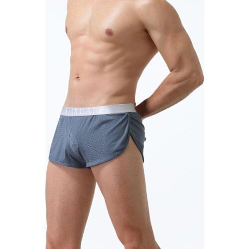 Mens Underwear Solid Color Slits on Both Sides Breathable Home Wear Fashion Mesh Translucent Boxers Sexy Arrow Shorts