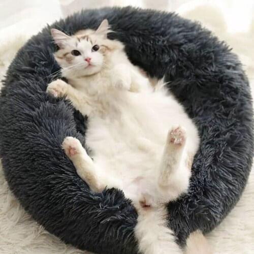 Round Plush Cat Bed Soft Cat Autumn Winter Warm Cat Sleeping Bag Long Plush Soft Pet Bed Calming Bed Cat House Cat Dog Products