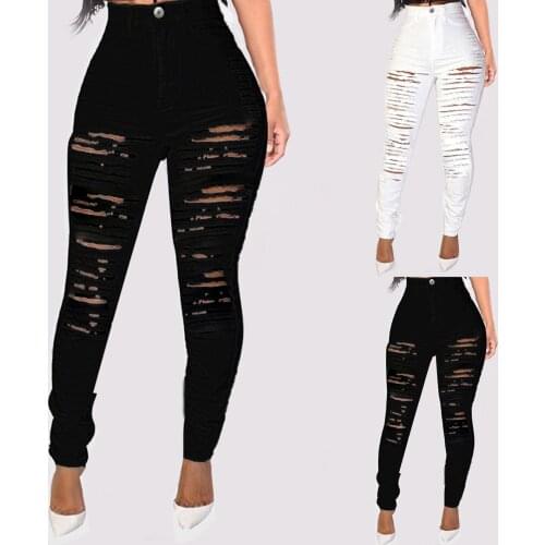 2021 New Hole Jeans For Women Ripped Trousers Stretch Pencil Pants Button Women Jean Casual Slim Flares Ladies Jeans #T3G