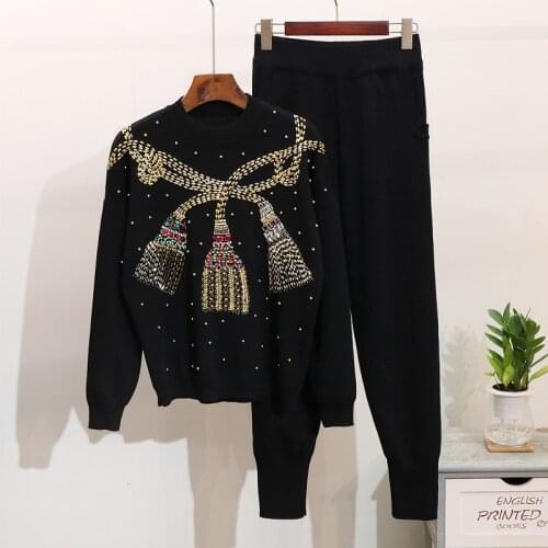 Autumn Black Sports Knitted Tracksuit Women Beading Pullover Sweater Long Pants Two Piece Set Female Loose Casual Knitting Suit