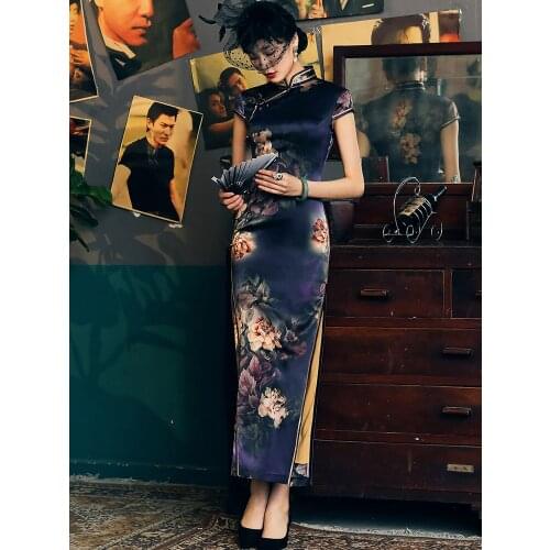 Qipao Evening Dresses Silk Cheongsam Dress Blue Purple Plus Large Size Cheongsams Traditional Qipao Chinese Dress Oriental Dress