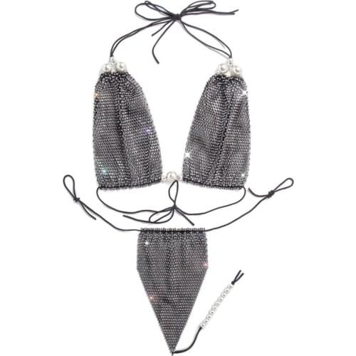 Sexy Women Solid Bikini Set Pearl Sequins Bra Bellydance Nightclub Bar DS Dance Clothing Bra Pole Dancing Costume Stage