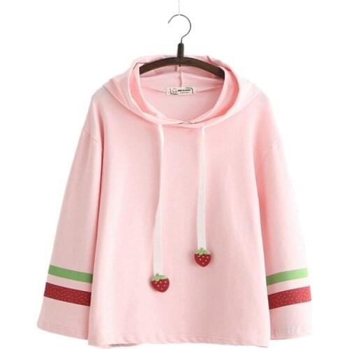 Women Hooded Sweatshirts Cartoon Strawberry Appliques Hoodies 2020 Autumn New Arrival Sweet Style Pullover Tops For Girl Female