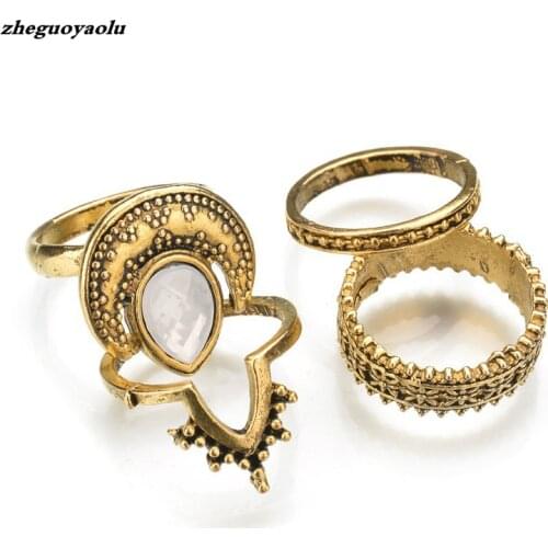 Vintage Bohemian Midi Finger Rings Set For Women Moon Ethnic Opal Carved Knuckle Rings Jewelry Gift 4 Pcs/set