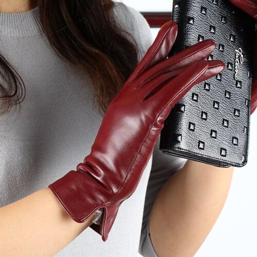 Womens Winter Genuine Leather Gloves Brand Black Touch Screen Gloves Ladies Girls Warmer Driving Goatskin Mittens Free Shipping