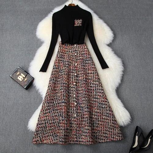 Women winter two piece set black knitted pullovers + a-line long tweed skirts pearls single breasted plaid skirt suit 2019