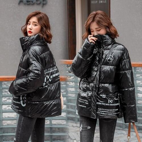 Korean Style Womens Winter Jackets With Zipper Stand Collar Printing Loose Female Parkas Thick Cotton Padded Women Puffer Coats