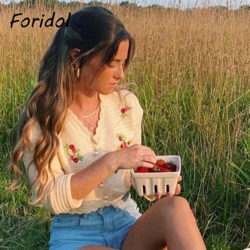 Foridol Crochet Embriodery Cropped Cardigans Women Brandy Melville Cardigan Crop Top V Neck Knitted Vintage Yellow Sweater 2020