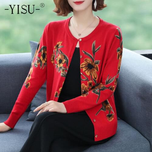 YISU 2021 Women Cardigan Sweater Tops O-Neck Rose flower printing Knitted Coat Cardigan Single Breasted Casual Jacket Sweater