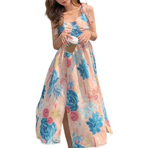 Female Stylish Dress Strap Floral Summer Oil Painting Design Sling Mid-length Low Neck Streetwear Dresses for Women 2021