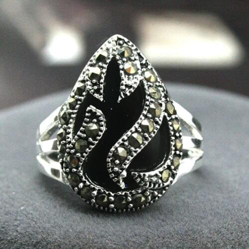 11*14mm NEW INLAY BLACK Natural jade GEMS MARCASITE 925 STERLING SILVER RING SIZE 7/8/9/10