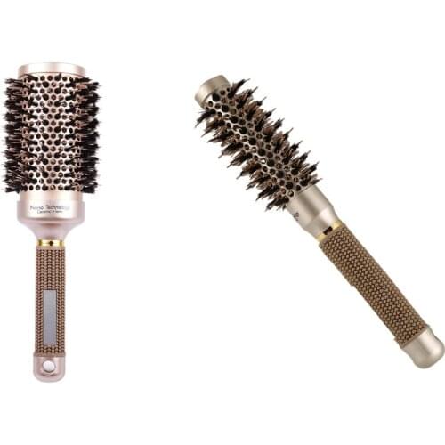 2Pcs Round Barrel Hair Brush With Simulation Boar Bristle, For Hair Drying, Styling, Curling, Gold,1 Inch & 2.1 Inch