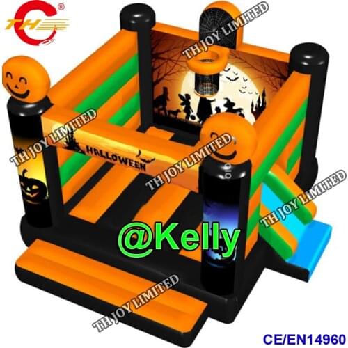 Free shipping halloween bouncer with basketball hoop and slide, new design inflatable pumpkin bounce house, halloween bouncers