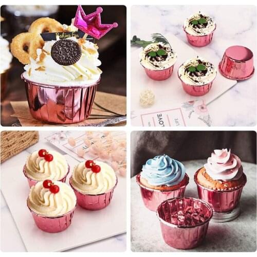 2021 New 50 Pcs Greaseproof Paper Tray Cake Paper Cup Double-Sided Aluminum Foil Curling Paper Cup High Temperature Resistance