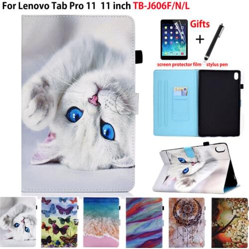 Cute Cat Case For Lenovo Tab P11 Cover Auto Wake Funda For Lenovo Tab P11 TB-J606F J606N J606L Silicone PU Leather Shell +Gift