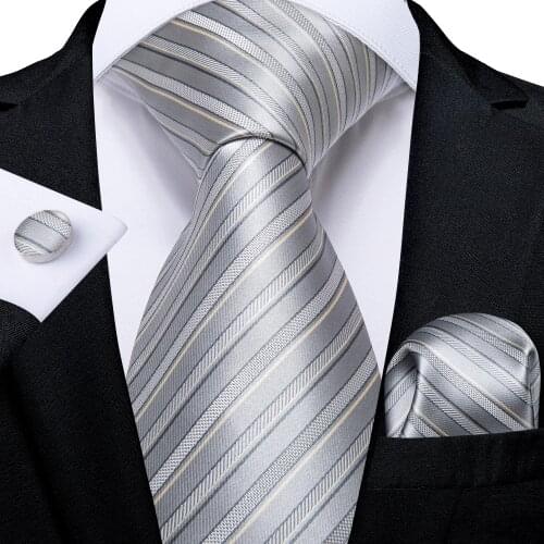 DiBanGu Mens Necktie Silver White Striped Design Silk Wedding Tie For Men Tie Hanky Cufflink Tie Set Business Party Dropshipping