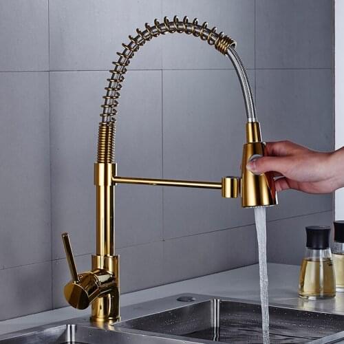 Kitchen Faucet Gold Sink Mixer Tap Hot & Cold Total Brass Kitchen Crane Pull Out Spring Spout Single Handle Rotating Kitchen Tap