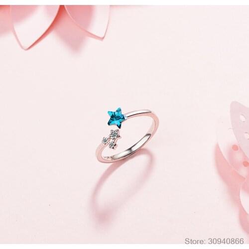 LEKANI 925 Sterling Silver New Woman Fine Jewelry High Quality Blue Star Crystal Zircon Ring Size Adjustable Open Ring