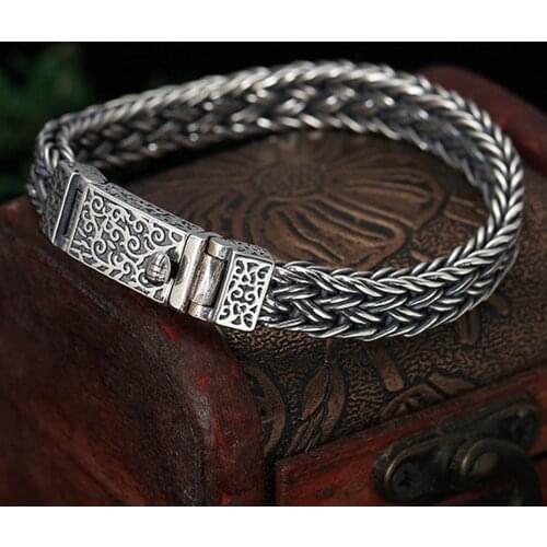 New s925 sterling silver fashion jewelry Thai silver hemp rope woven rattan flower buckle 925 silver mens bracelet