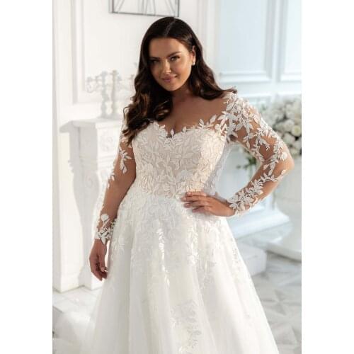 GY New Plus Size A-line Wedding Dresses Long Sleeves V-Neck Custom Made Lace Appliques Romantic Bridal Gowns