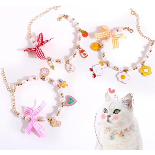 Cat Collar with Pearl and Cute Flower Pendant Adjustable Safety Charm Kitten Collars Lovely Necklace for Pets Puppy Dogs