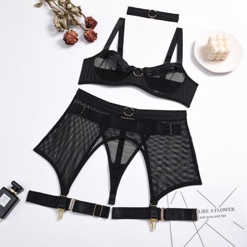 2021 Sexy Lace Bodysuit 4-piece Womens Mesh Transparent Thorn Bra Underwear Tight-fitting Teddy Mesh Underwear Womens Pajamas
