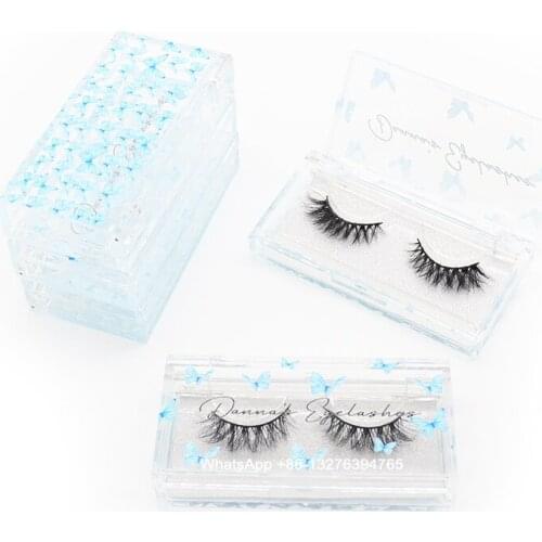 Light Blue Butterflies Mink Lash Cases 20mm Crisscross Dramatic Makeup Mink Eyelashes Custom Lashbox Packaging With Brand Name