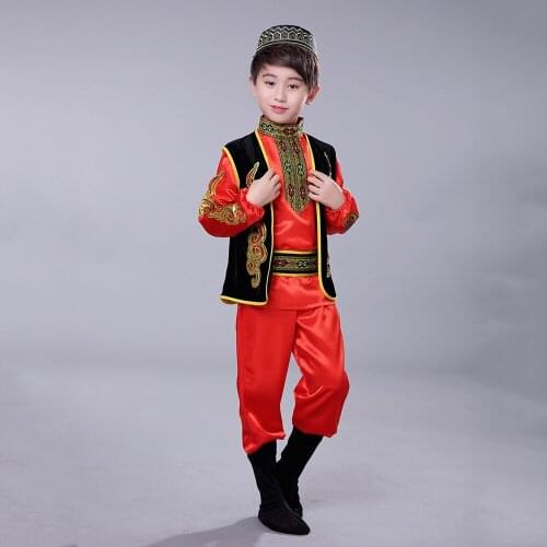 Traditoinal Muslim Style Dance Costume For Islamic Boys Red Muslim Suit Arab Performance Party Show Kids Gift