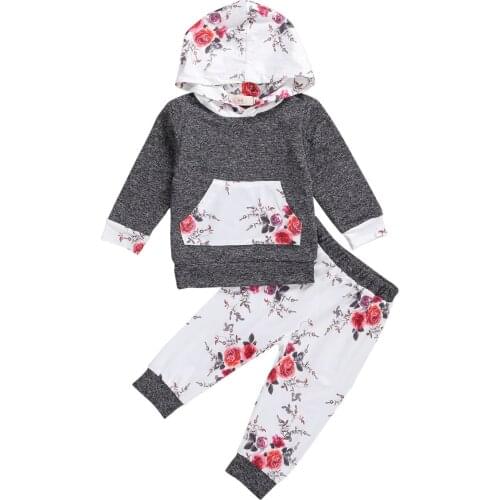 Spring Autumn Toddlers Clothes Set Boys Girls Floral/Camouflage Printing Long Sleeve Pocket Hooded Top + Long Trousers Set