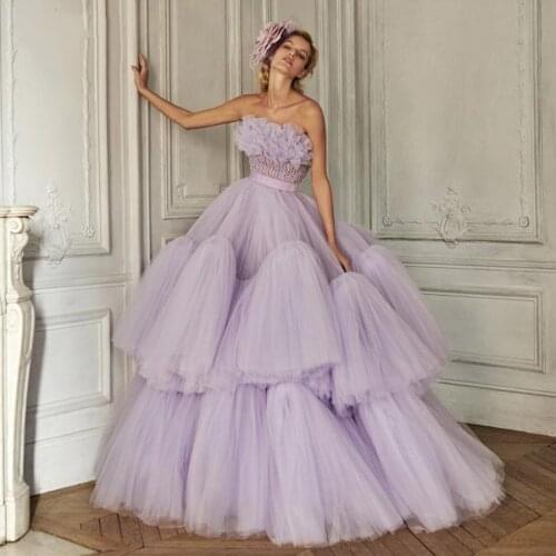 Vintage Lilac Prom Gowns Ruffles Extra Puffy Party Dress Long robe de soiree Arabic Prom Gowns Ball Gown Tiered Off Shoulder
