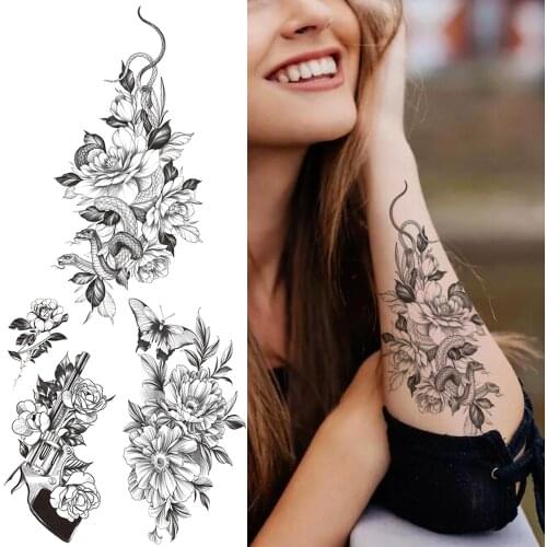 Snake Butterfly Flower Temporary Tattoo For Women Men Black Gun Branch Tattoos Bloosom Rose Sunflower Waterproof Tatoo Arm Hand