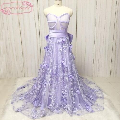 Lavander prom dresses 2018 sweetheart neckline hand made flowers lace appliques 3D flowers court train evening dresses gown real
