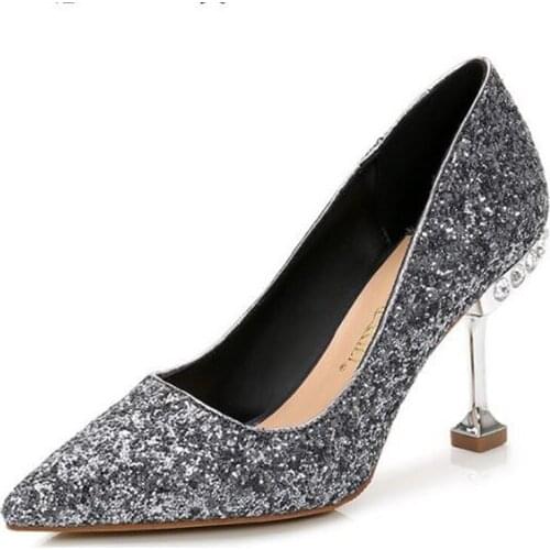 Shoes Woman Pumps Wedding Party Sequined Cloth Slip On 5.5CM 8.5CM Thin High Heels Pointed Toe Rhinestones Bling Shallow 35-42