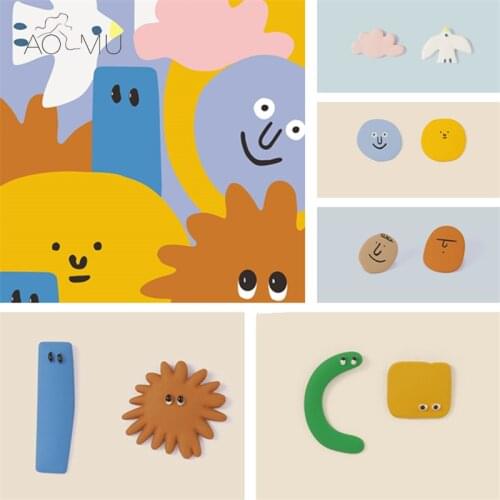 AOMU 2020 S925 Asymmetric Geometric Cute Enamel Colorful Expression Cartoon Face Matte paint Stud Earrings for Women