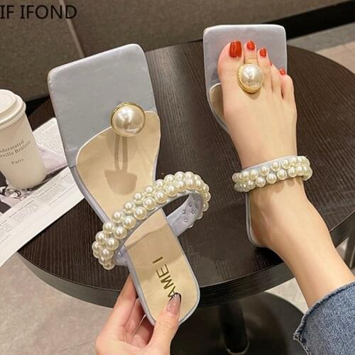 IF IFOND New Brand Pearl Women Slipper Summer Outdoor Sandal Slip on Flip Flop Ladies Thin High Heels Slides Elegant Women Shoes