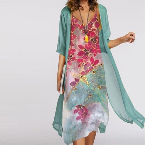 Autumn Retro Print Lady Irregular Fashion Vest Dress Elegant Women O-Neck Slim Long Dress + Sun Protection Cardigan 2 Piece Sets