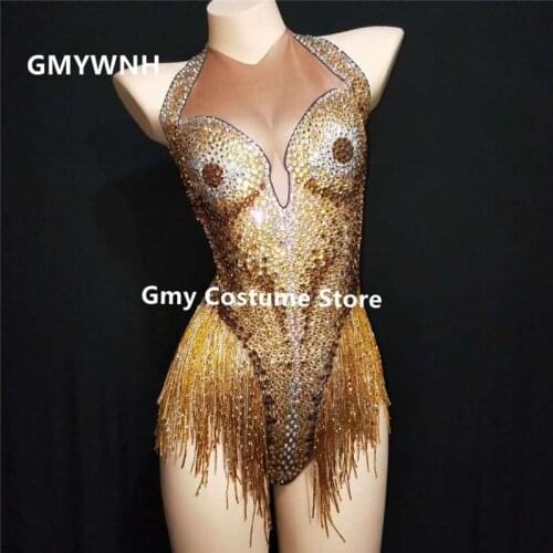 E96 Gold tassel female sexy bodysuit dj jumpsuit party skirt dresses singer performance wears catwalk show outfits disco clothes