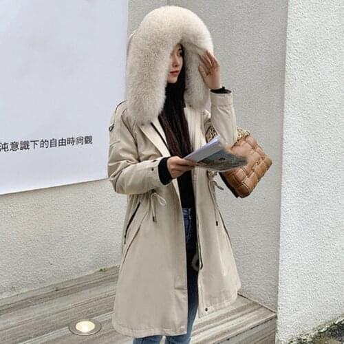 MENINA BONITA 2021 New X-long Winter Jacket Women Real Natural Fox Fur Collar Hooded Rabbit Fur Removable Warm Trench Coat Parka