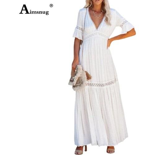 Women Long Maxi Dress French Style 2021 Summer Half Sleeve Patchwork Lace Party Dresses Deep V-neck Femme Vestido Robe Dress