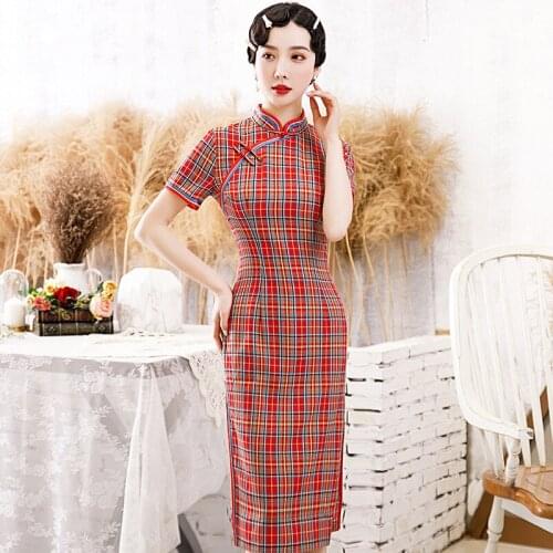Check Sexy Chinese Classic Lady Cheongsam Red Slim Evening Party Dress Cotton Oversize 3xl Qipao Summer New Mid Length Vestidos