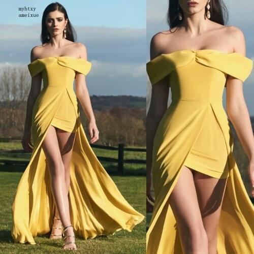 Elegant Gold Cap Sleeve Evening Dress Short 2020 Sexy Off The Shoulder Prom Gowns Sweep Train Robe D Cheap Luxury Evening Dress