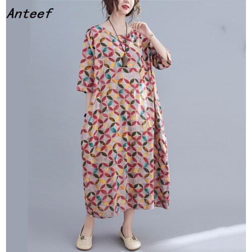 Short sleeve cotton vintage floral dresses for women casual loose long woman summer dress elegant clothes 2021