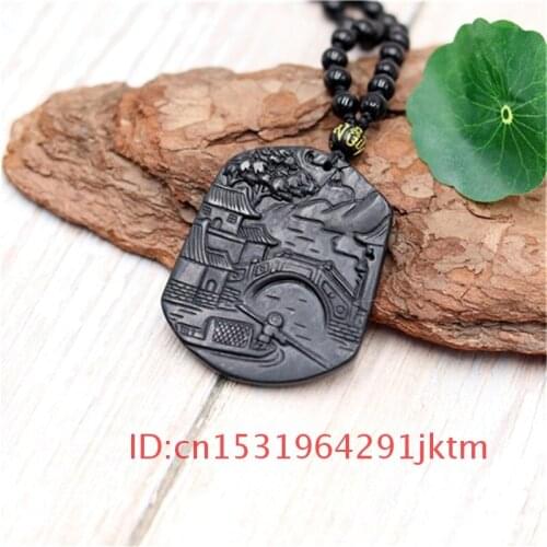 Accessories Natural Jewelry Jade Chinese Green Necklace Charm Amulet Carved Landscape Obsidian Gifts Men Pendant for Black