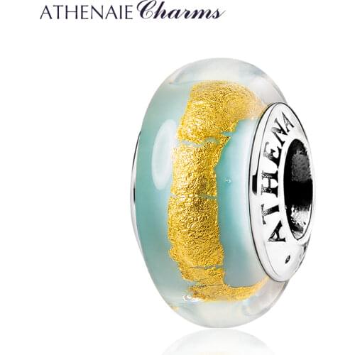 ATHENAIE 100% 925 Sterling Silver Macaron Light Green Gold foil Murano Glass Beads fit Charms Bracelet Women Girl DIY Jewelry