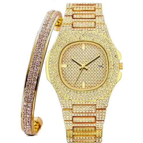 Watch + Bangle for Women Bling Miami Bracelet Iced Out Watches Women Hip Hop Watch Luxury Gold Watch Set Women Jewelry Set Gifts