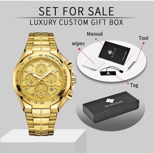 WWOOR Fashion Military Mens Watches Top Brand Luxury Gold Full Steel Quartz Analog Wristwatch Sport Waterproof Chronograph Clock