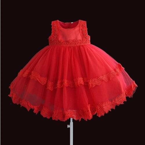 Baby Dresses Pearl Princess Baby Girls Clothes Lace Edge Kids Ball Gown Yarn Party Christmas Baptism 6M-4T